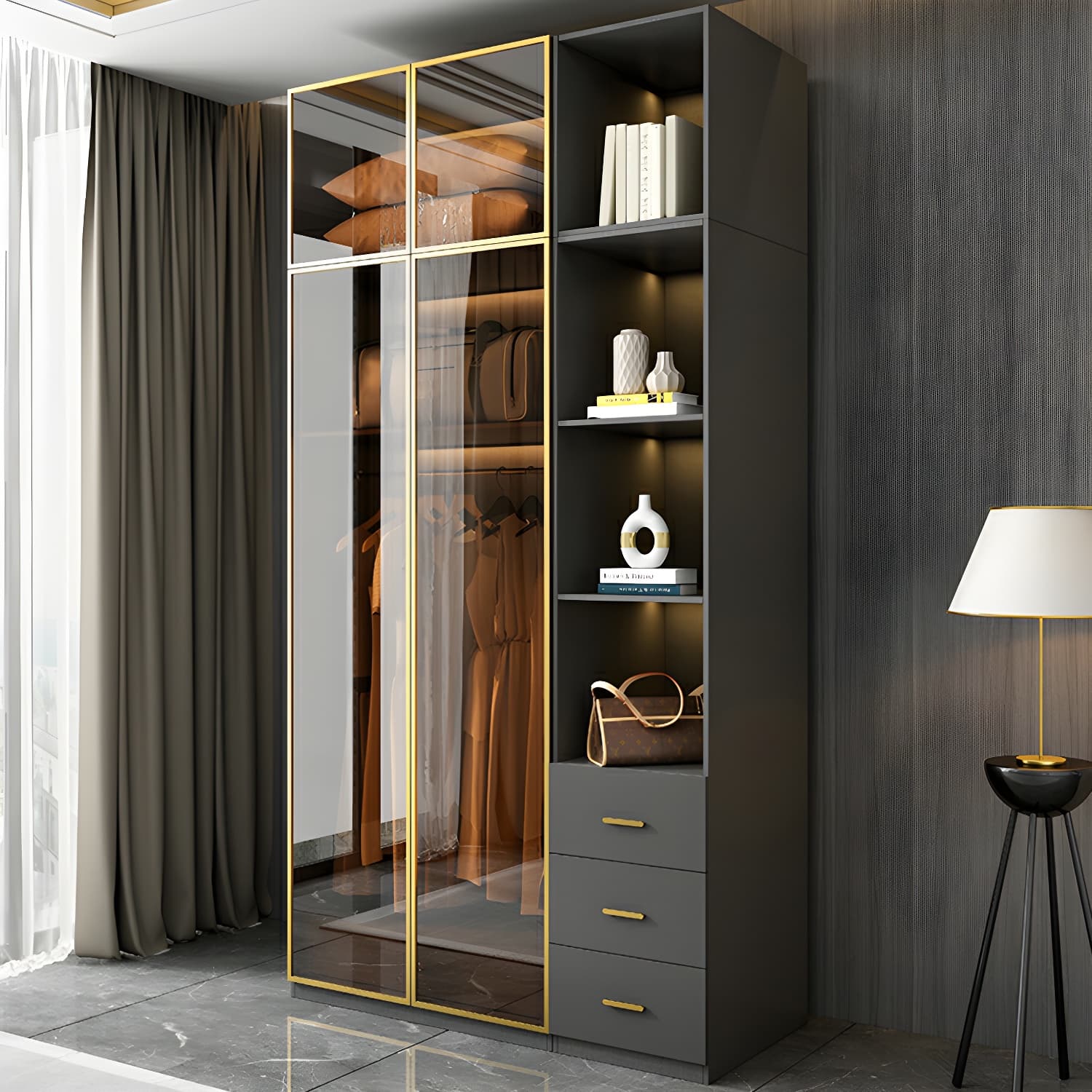 Modern Black Wood Wardrobe Armoire with Soft-Close Drawers & Clothing Rod thumbnail 4