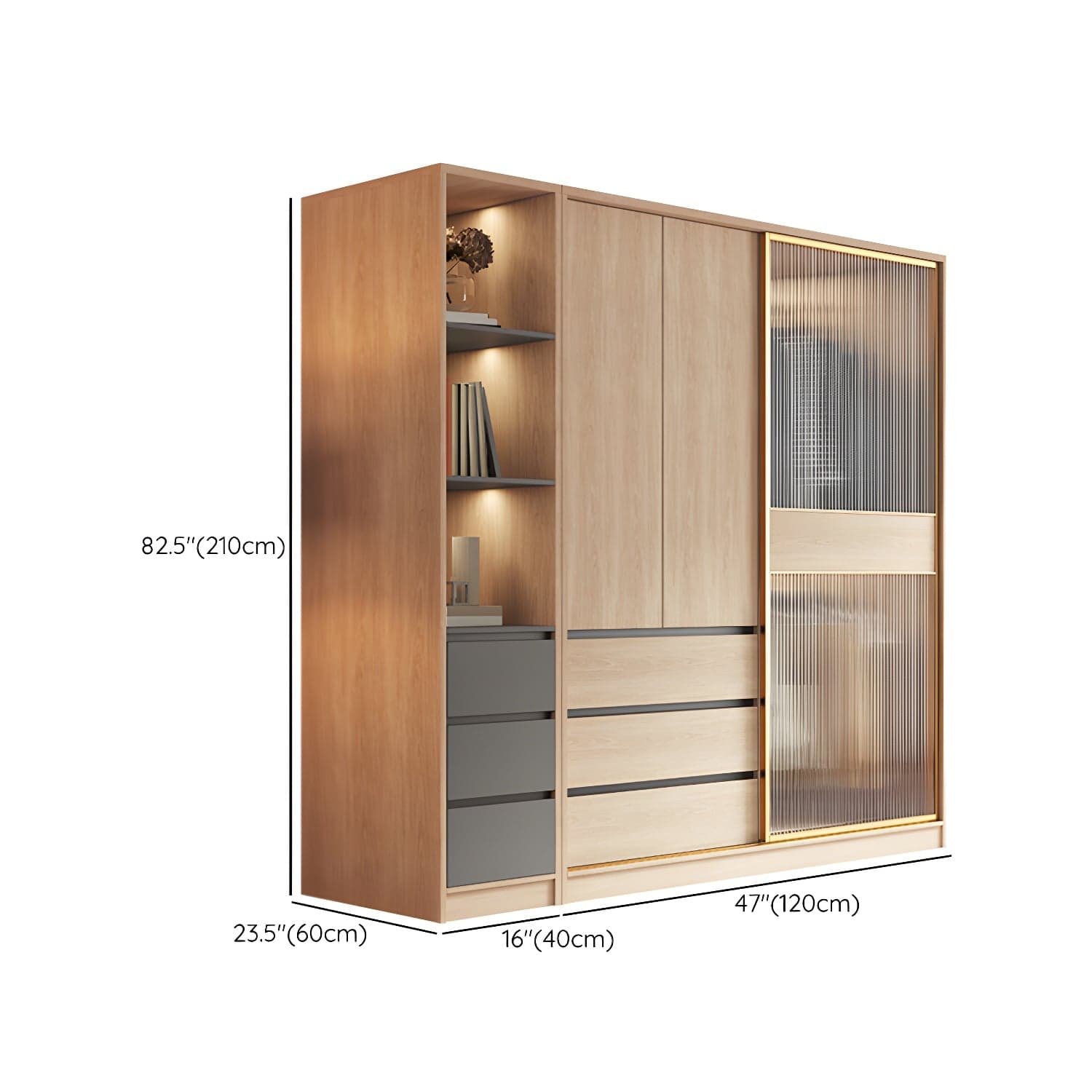 Contemporary Glass Sliding Doors Wardrobe Natural Wood Wardrobe with Drawers thumbnail 17