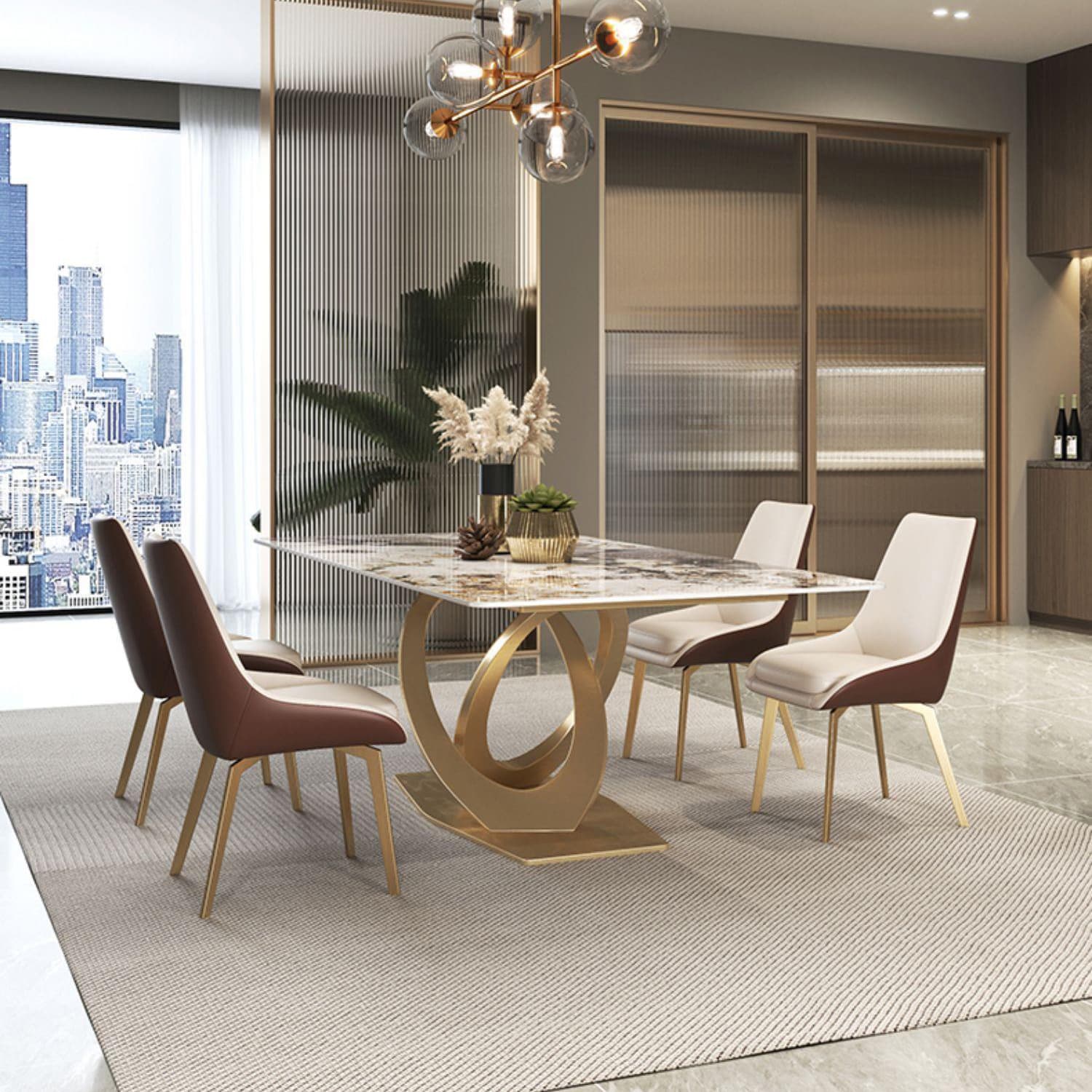 Glossy Beige Dining Table Set 1/2/5/7 Pcs Glam Dinette Set with Leather Chairs thumbnail 3