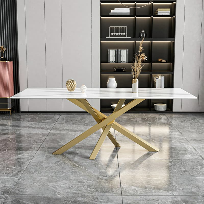 Art Deco Standard Table Height Rectangle Fixed Marble Top/Wood Dining Table with Golden Base for 8/4 People/6 People thumbnail 2