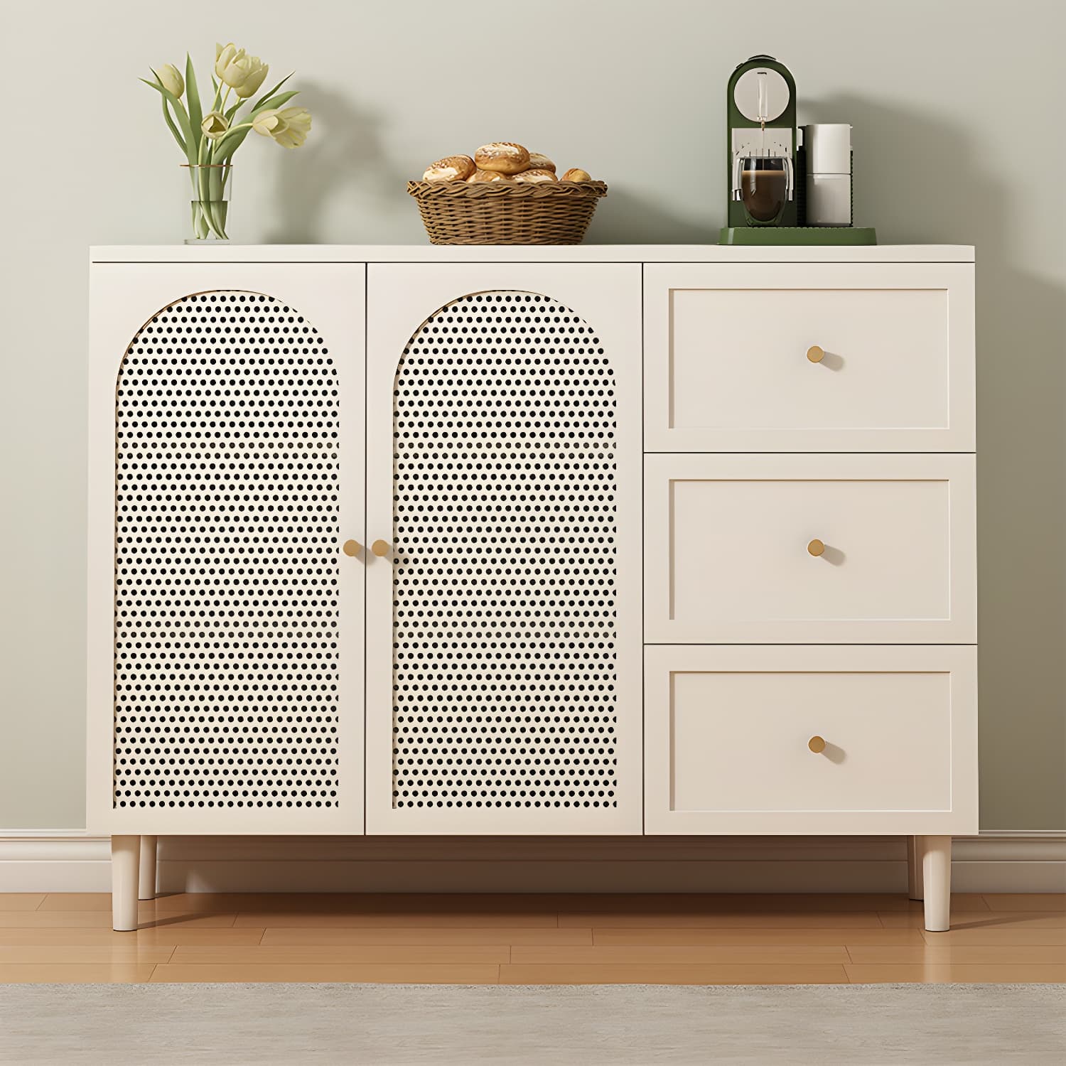 White Modern Wood Sideboard Credenza with Cabinets and Shelves Included