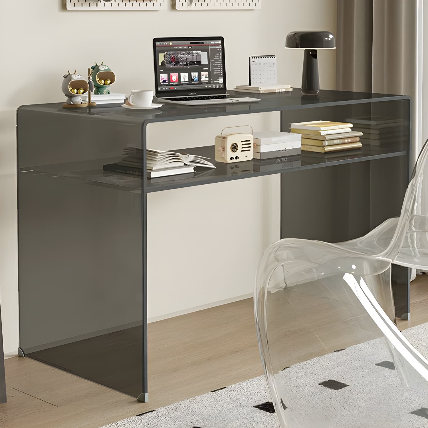 Transparent Glass Rectangular Dressing Table Double Base with Partition thumbnail 6