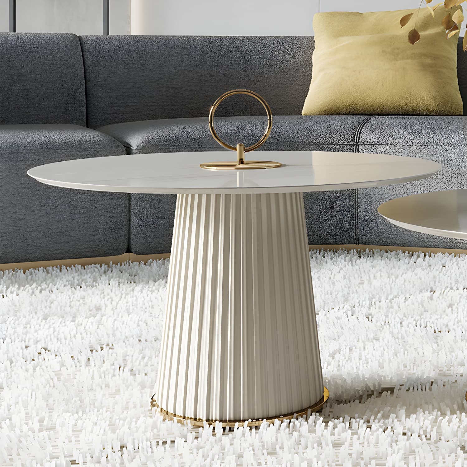 Modern Metal Cocktail Table Round Pedestal Coffee Table - White thumbnail 12