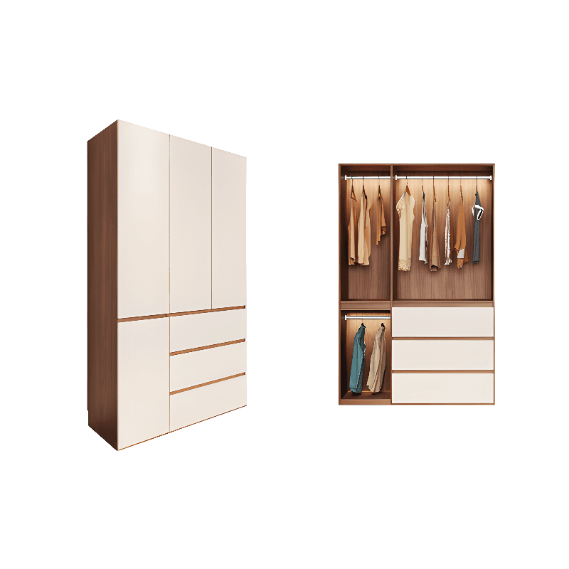 White Minimalist Manufactured Wood Wardrobe Closet with 3-Drawer, Soft Close Door, Interior Shelves, and Clothing Rod thumbnail 1