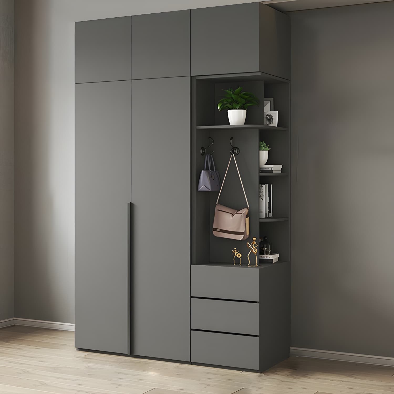 Modern Grey Wood Wardrobe Armoire with Drawers & Shelves for Ample Storage thumbnail 4