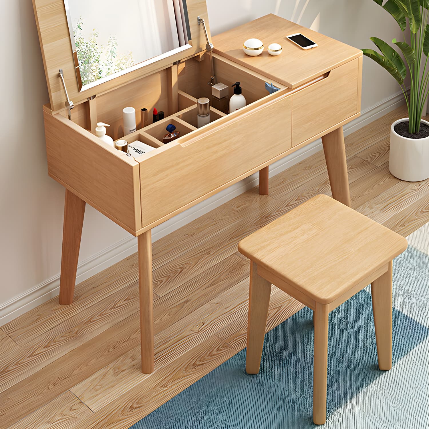 Solid Wood Vanity Dressing Table Scandinavian Flip-Top Vanity Desk thumbnail 7