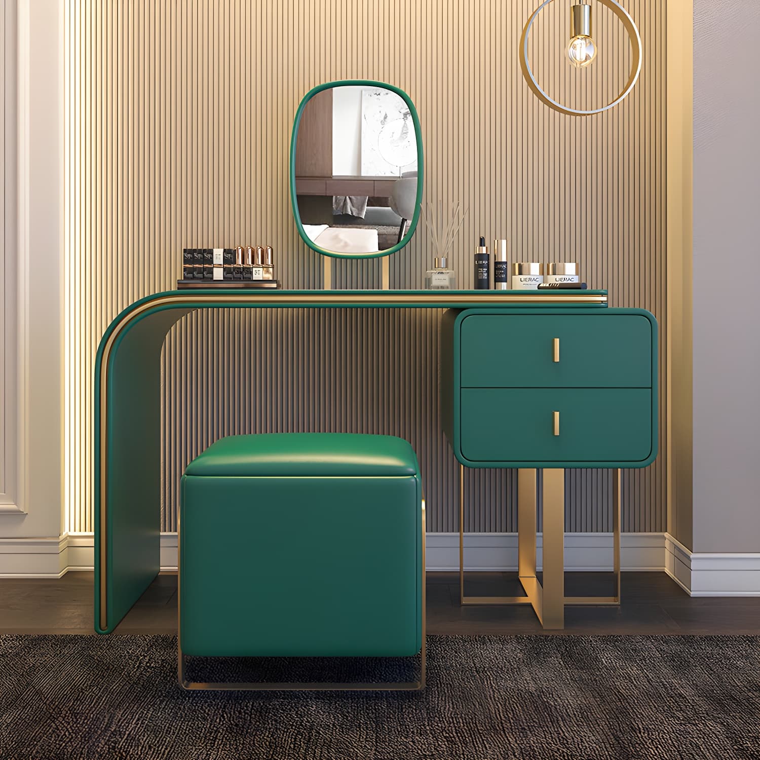 Glam Vanity Set With Drawer Leather Mirror Bedroom Make-up Vanity thumbnail 15