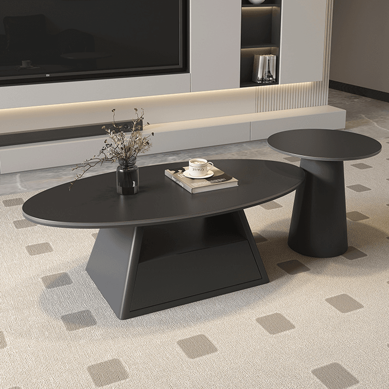 Single Board Game Coffee Table with Slate Top and Base, Elliptical Shape, 1 Drawer, and 1 Shelf thumbnail 6