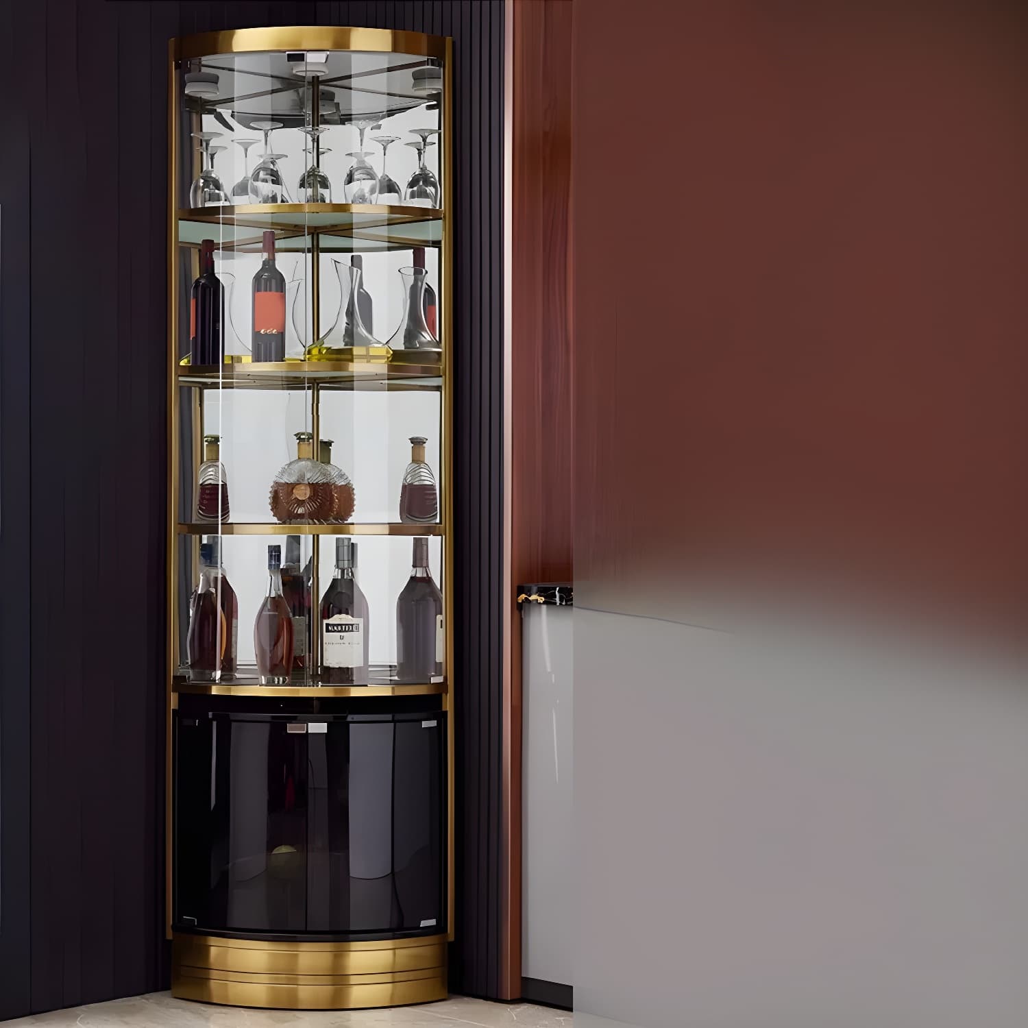 Corner Modern Accent Cabinet with Wood Counter Top, Glass Doors, and Metal Base thumbnail 13