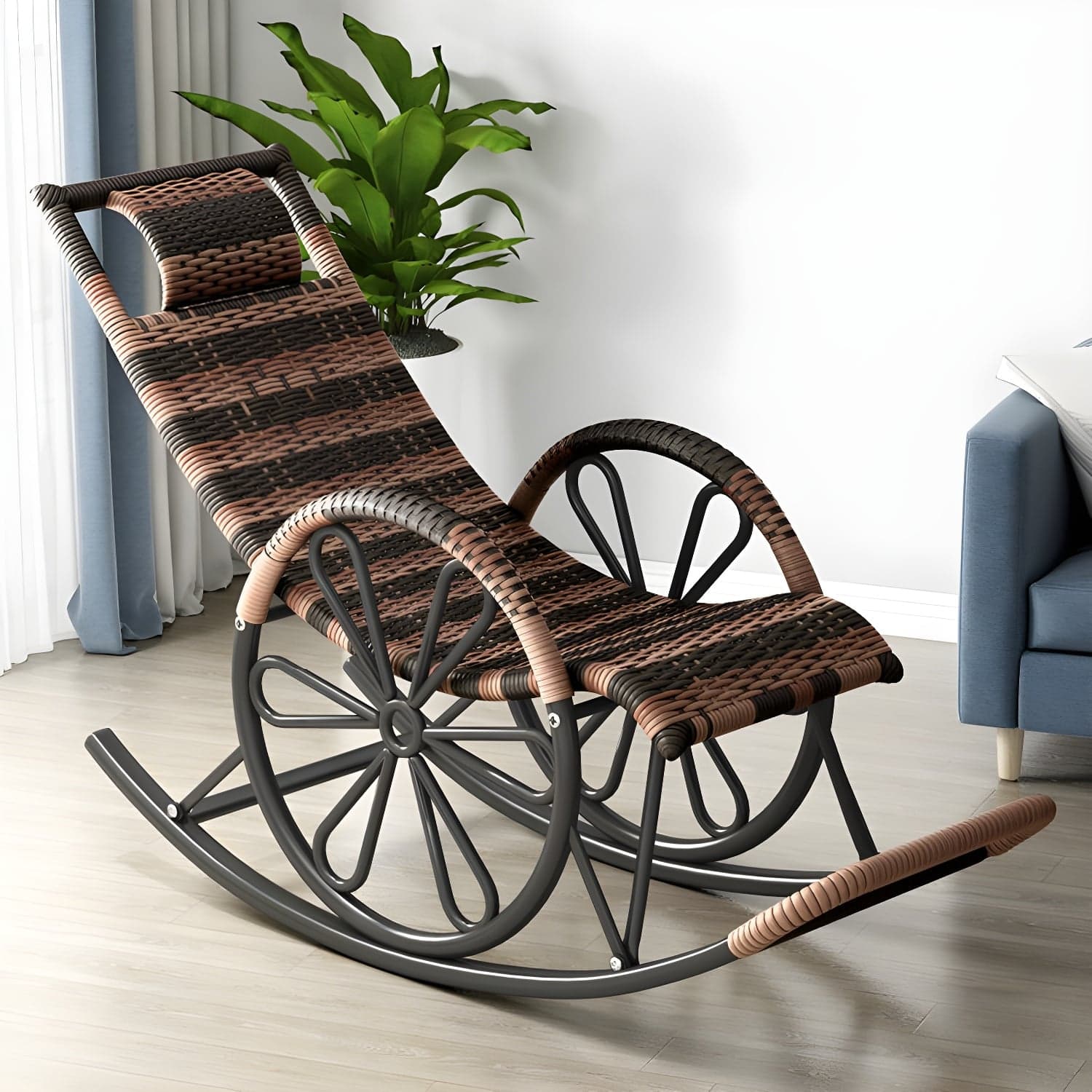 Rattan Modern Rocking Chair Woven Rope Rocker Chair in Black thumbnail 6