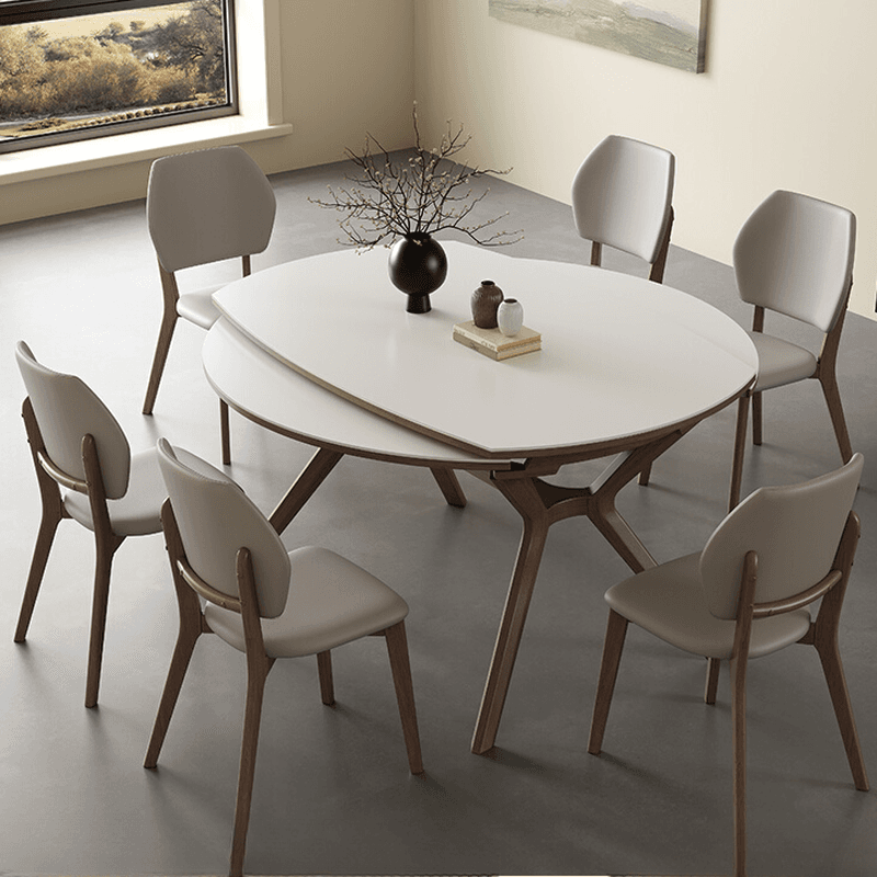 Minimalist Rounded Slate Dining Table Set with 4 Legs, Fold-away Leaf, and Light Gray/White Finish thumbnail 4