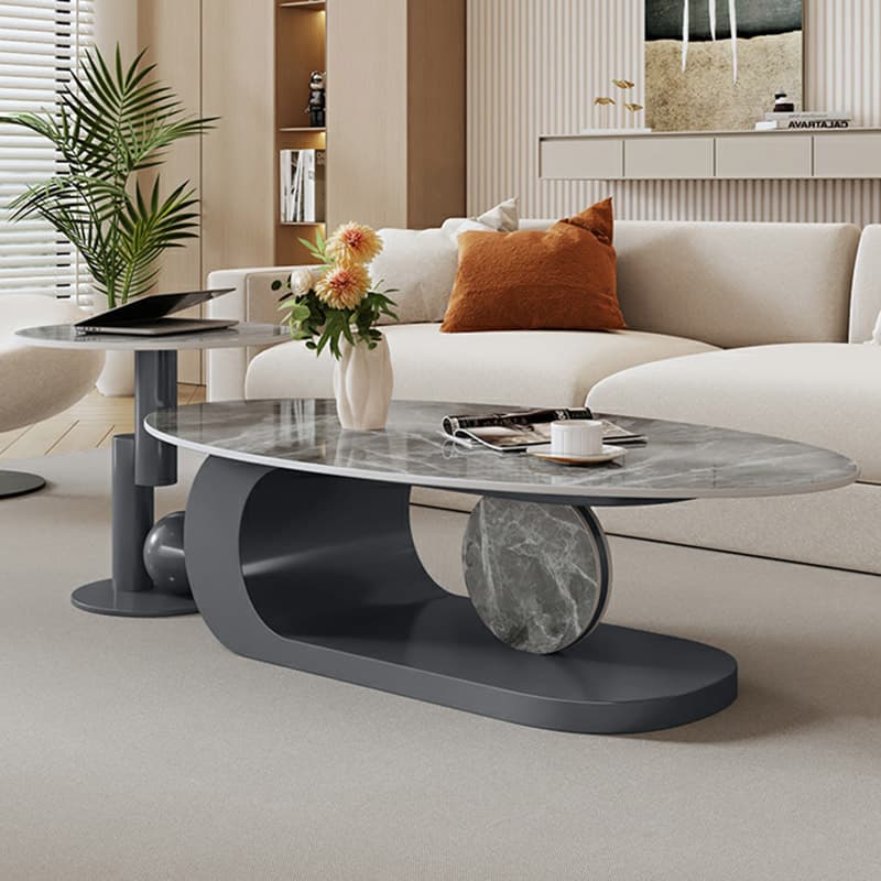 Elegant Stone Oval Coffee Table with Iron Block Base for Living Room thumbnail 13