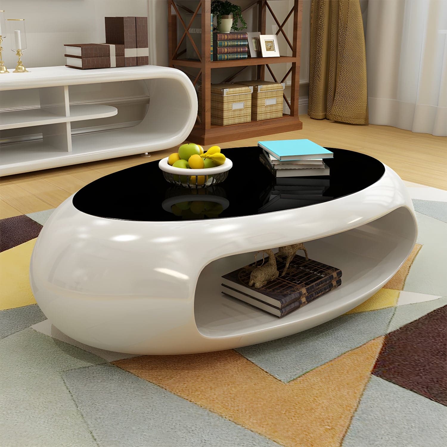 Modern Oval Coffee Table with Storage Shelf and Plastic Pedestal Base thumbnail 2