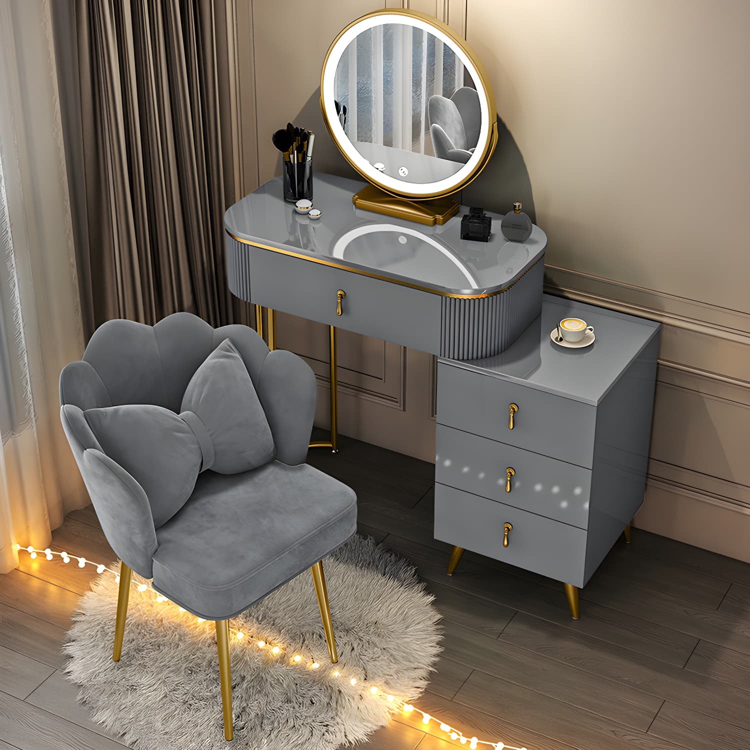 Gold Base Makeup Counter 15.74" Wide Vanity Tables with Storage Drawers thumbnail 2