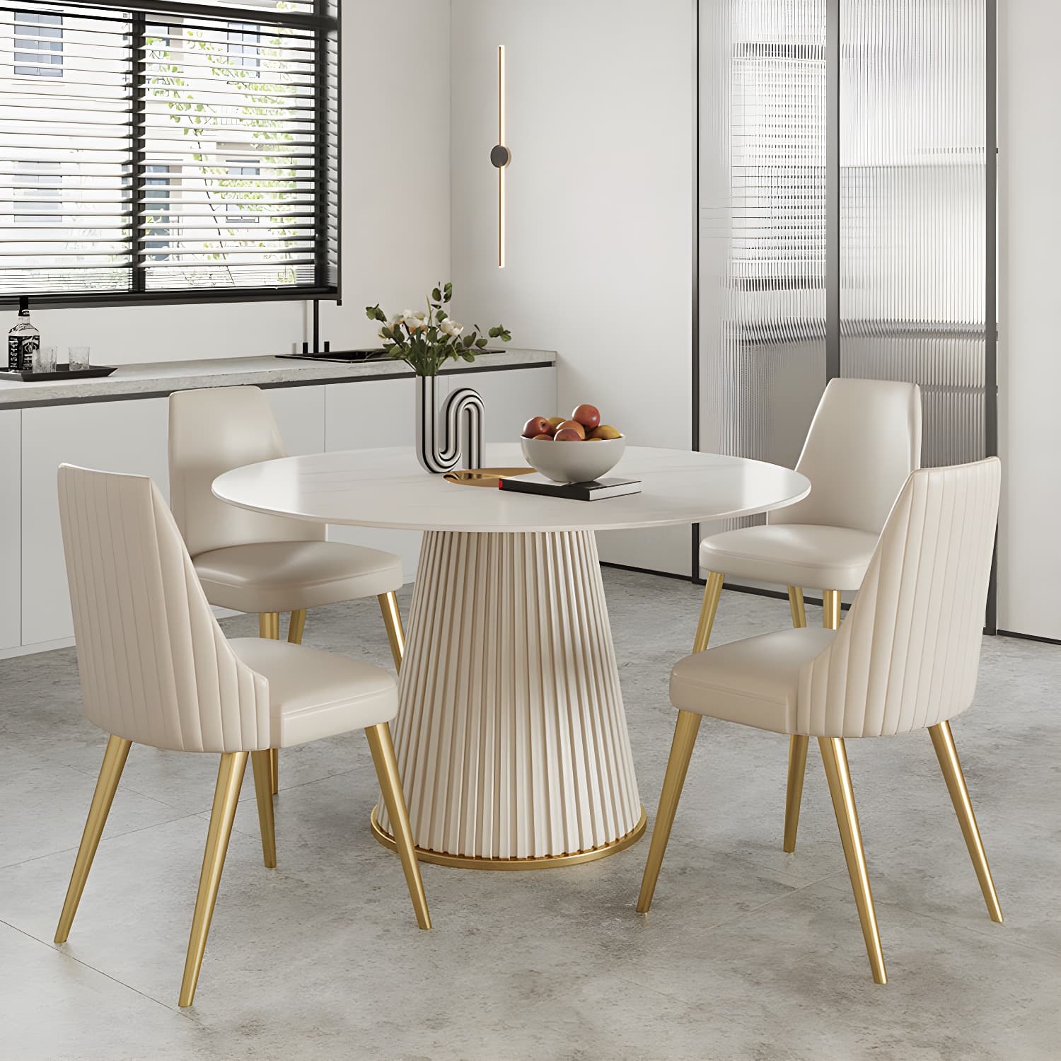 Stone Top Dining Table Round Table with Wood Pedestal Base in White thumbnail 5