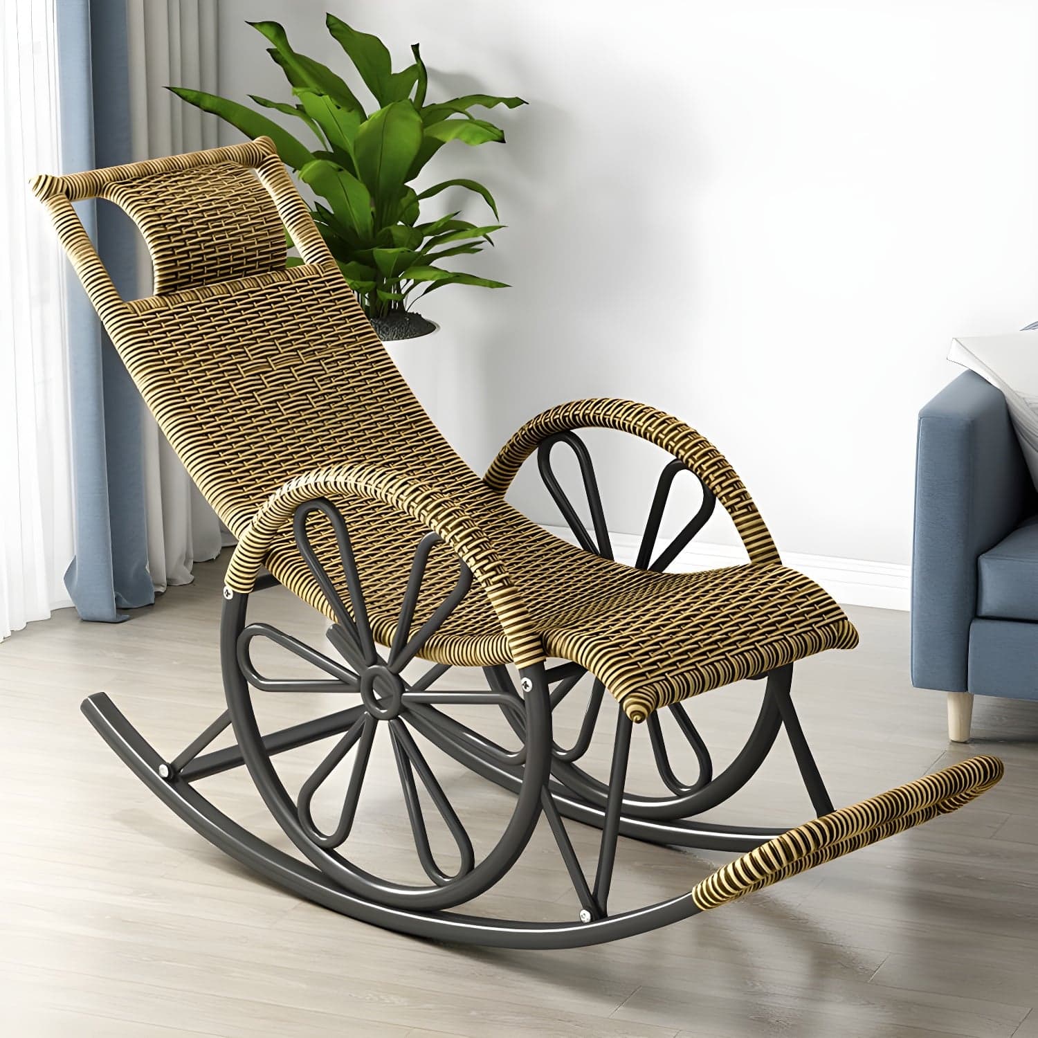 Rattan Modern Rocking Chair Woven Rope Rocker Chair in Black thumbnail 3