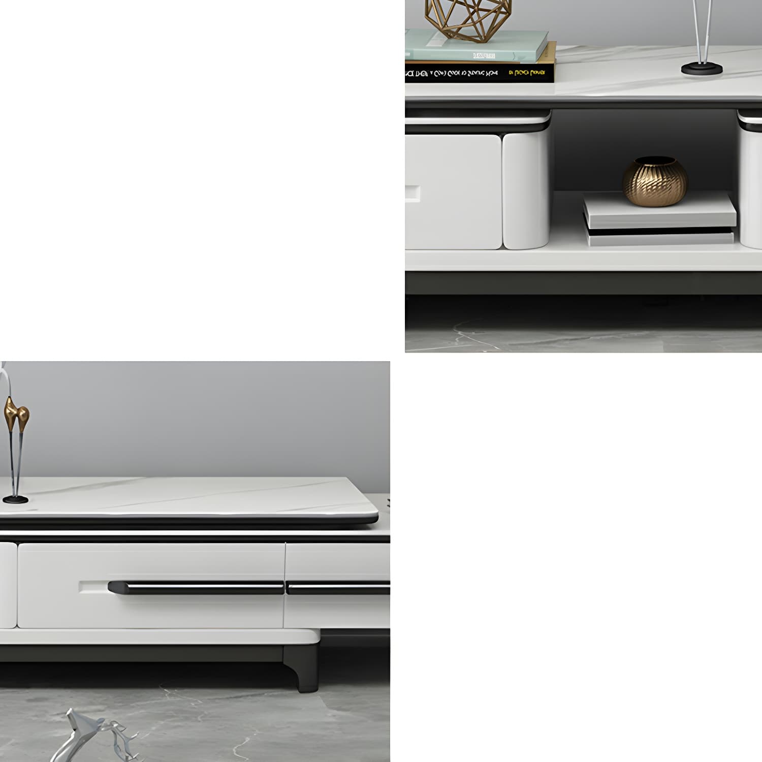Modern Stone TV Stand with Long Length, Open Storage and Drawers featuring Wood Shelves thumbnail 11
