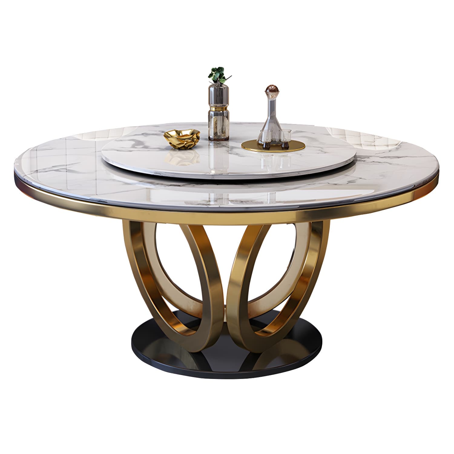 Glamorous Round Marble Dining Set with Gold Metal Pedestal Base and Upholstered White Chairs thumbnail 8