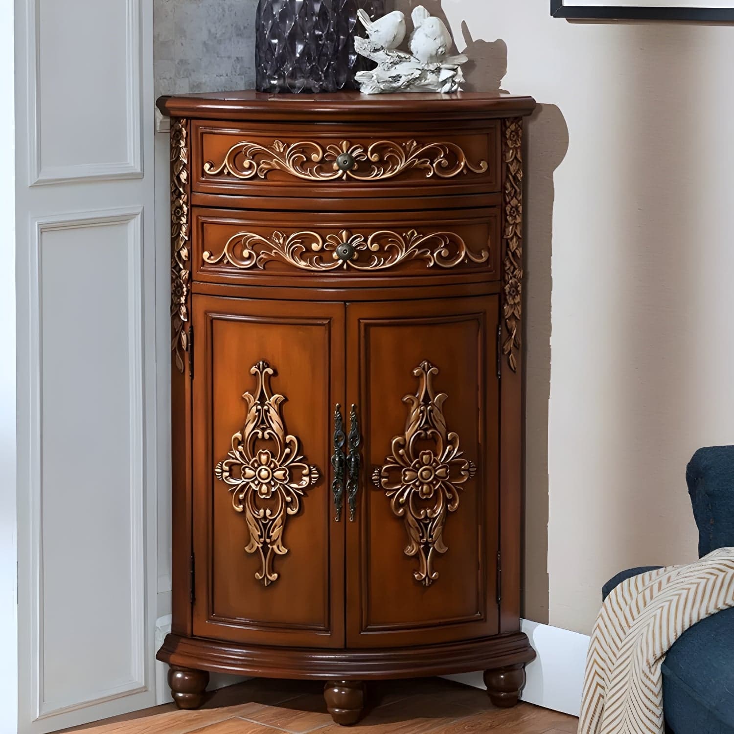 Rustic Corner Accent Cabinet with Wood Counter Top, Drawers, and Cabinet, Small Size thumbnail 4