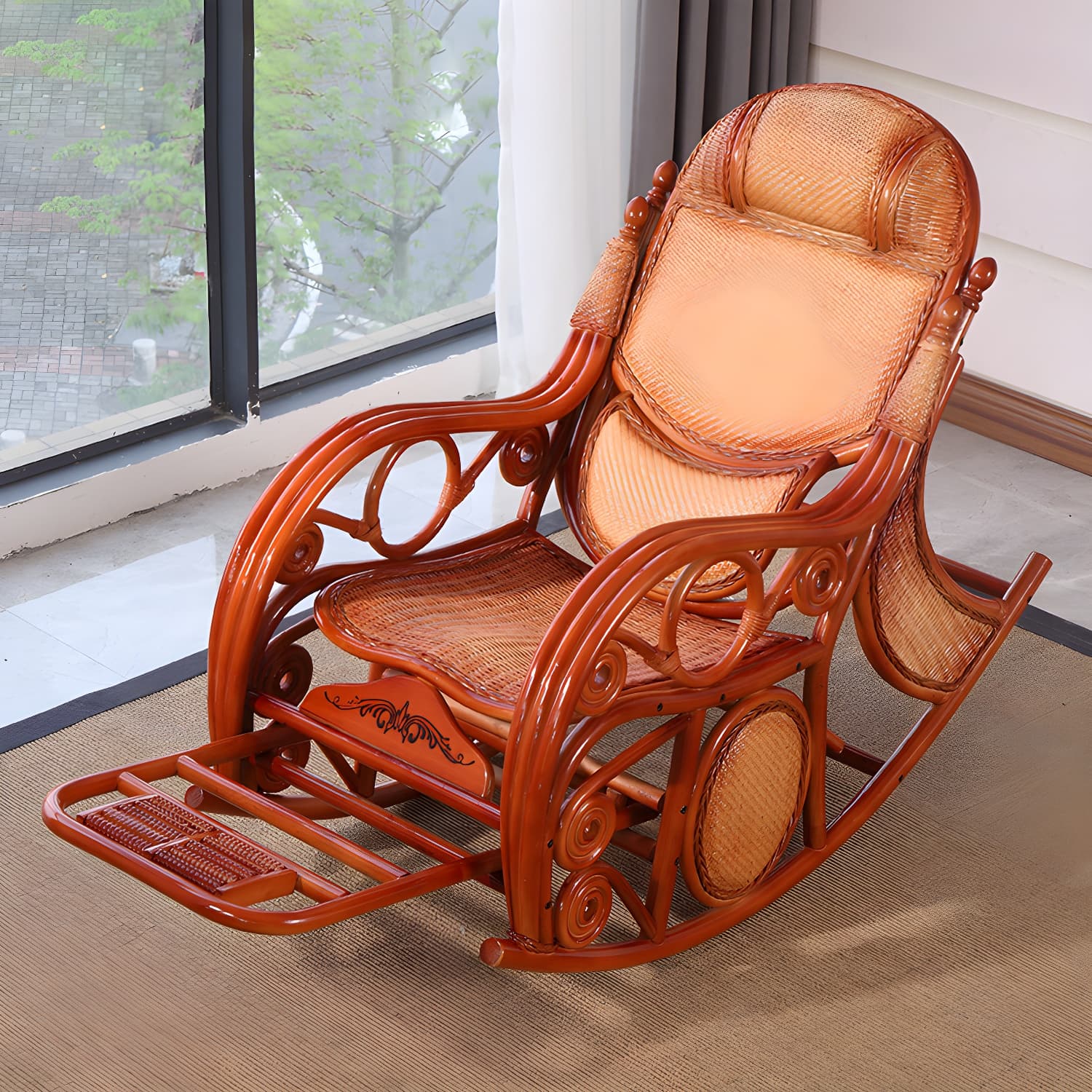 Traditional Rocking Chair Rattan Solid Color Spindle Backrest Indoor Rocking Chair thumbnail 5