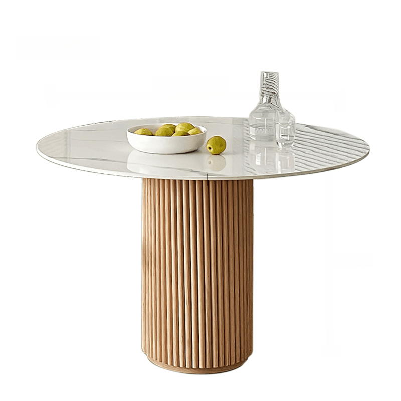 Fixed Rounded Dining Table for 4/2 People/Seats 6 with Ribbed Leg and a Slate/Wooden Tabletop in Natural/Chalk in a Nordic Style thumbnail 1