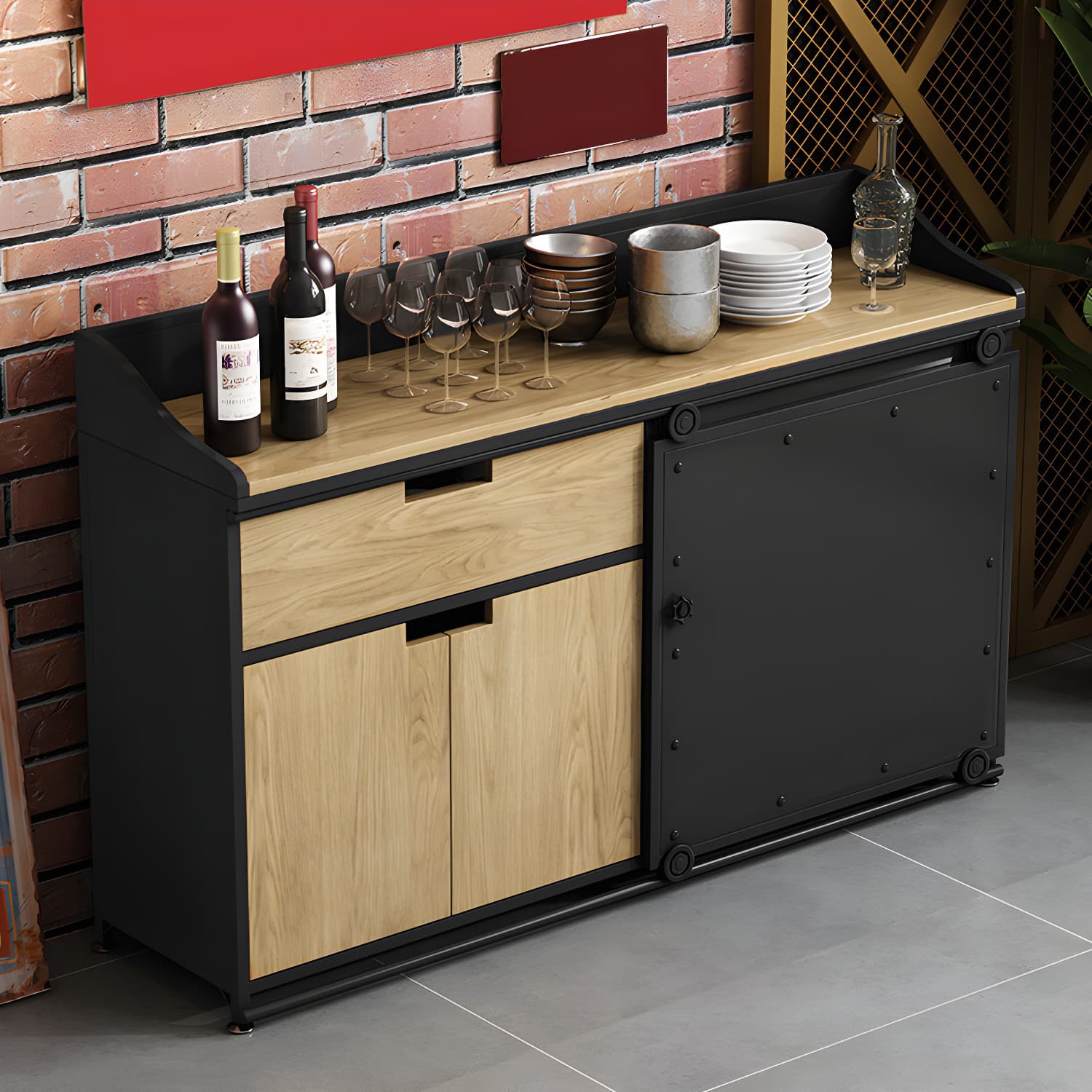 Modern Metal Sideboard with Wood Countertop, Cabinets, and Drawers - image 5