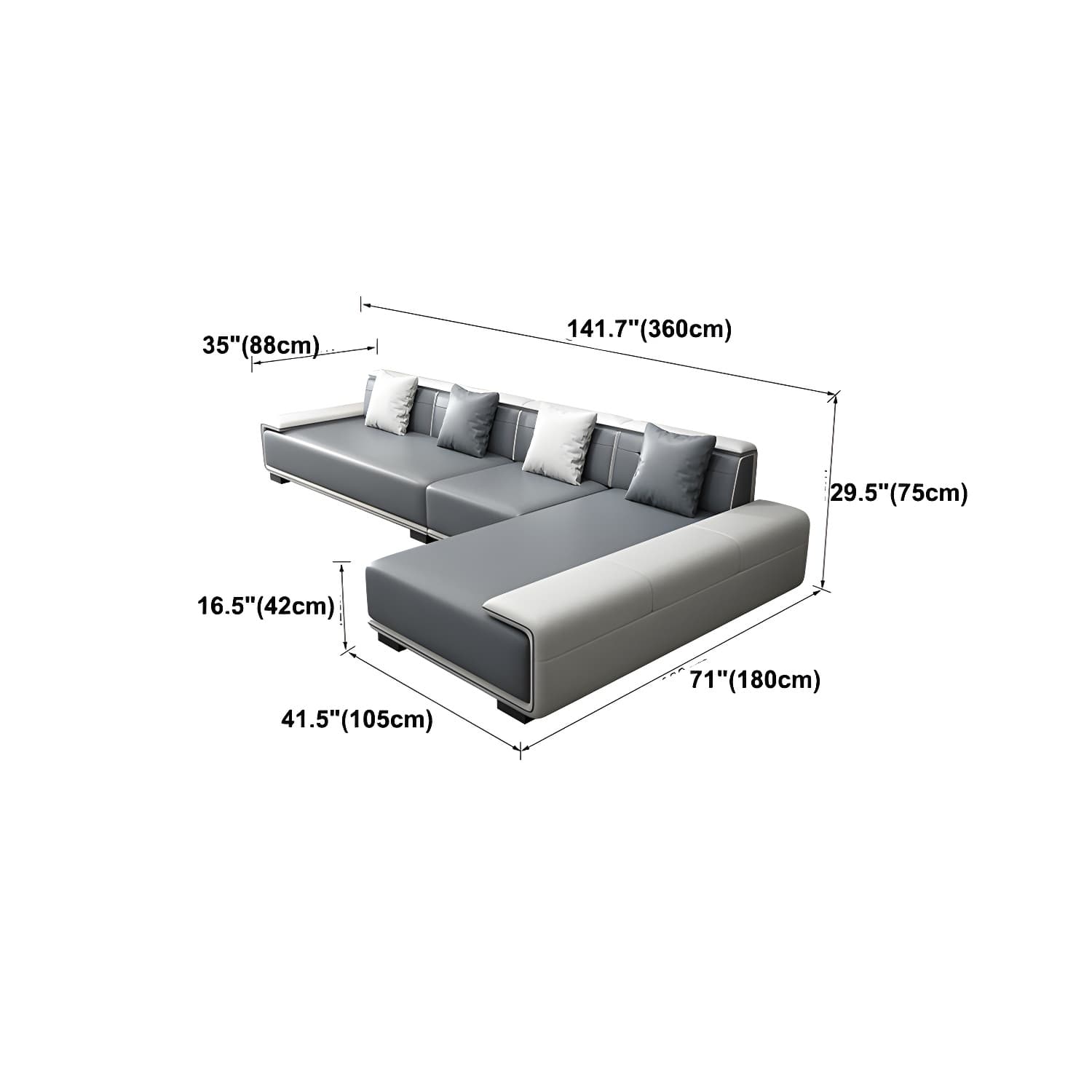 Faux Leather Sofa & Chaise with Pillows Modern U Sofa in Gray - 29.53" H thumbnail 28