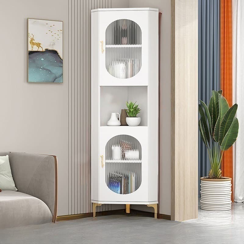 Gold Corner Modern Accent Cabinet with Glass Doors and Exterior Shelving thumbnail 2