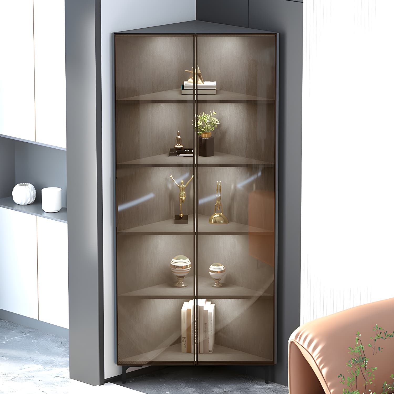Modern Black Corner Accent. Wood Countertop. Glass Doors. Cabinets included thumbnail 5