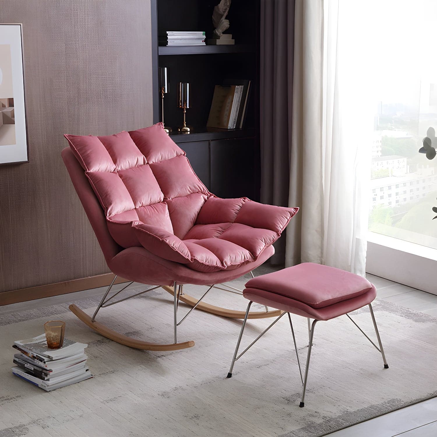 Modern Indoor Sofa Rocking Chair Mother Feeding Rocking Chair with Cushion and Ottoman thumbnail 5