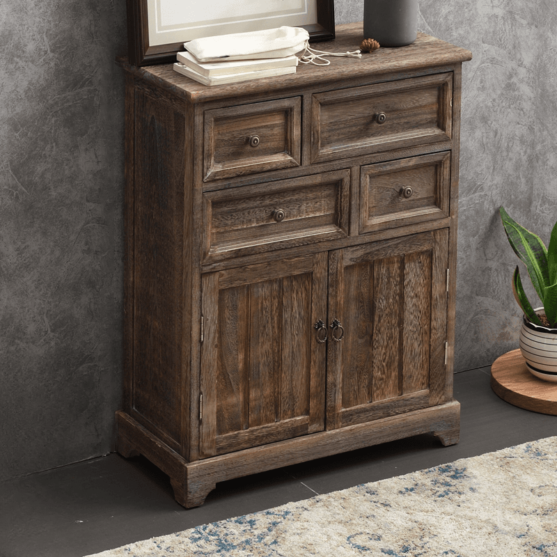 Industrial Detached Utility Cabinet with Distressed Wood and 4 Drawers Featuring Loop Pulls thumbnail 1