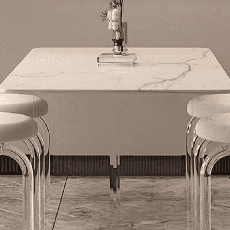 Dining Table Set with Rectangular White Slate Stone Top, Two-sided Pedestal Base, and Padded Chair with Back thumbnail 7