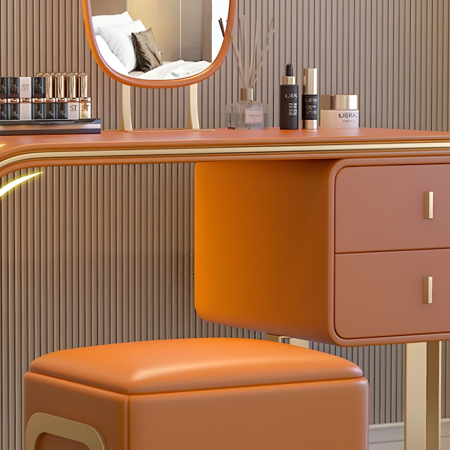 Glam Vanity Set With Drawer Leather Mirror Bedroom Make-up Vanity thumbnail 9