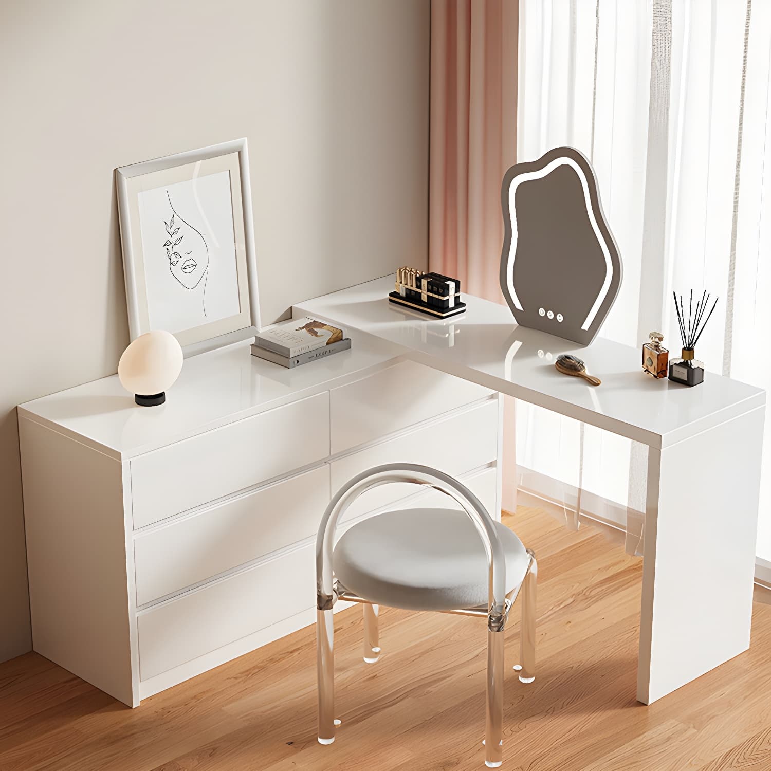 Contemporary White Wood Rectangle Top Make-up Vanity with Lighted Mirror thumbnail 3