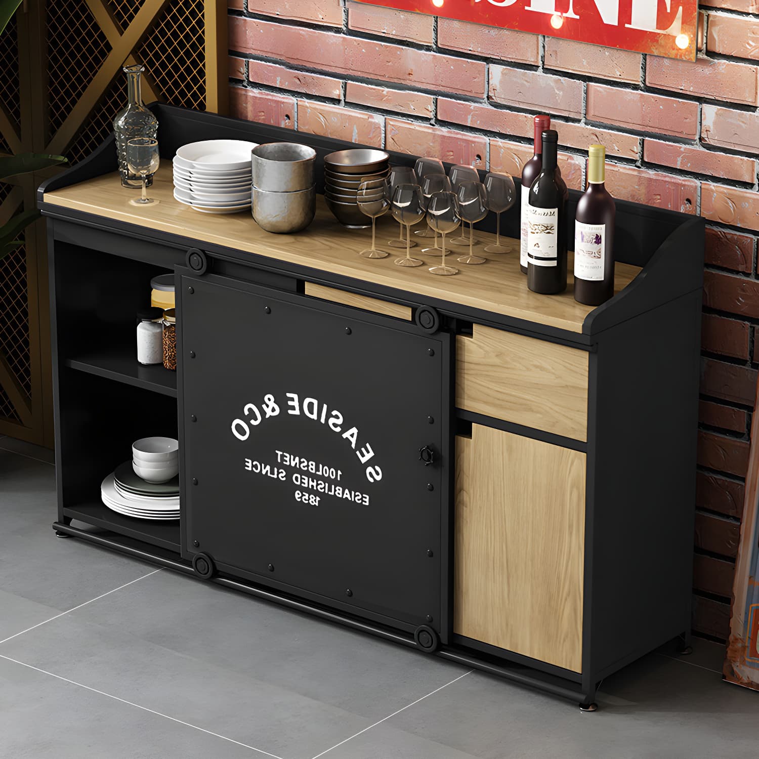 Modern Metal Sideboard with Wood Countertop, Cabinets, and Drawers - image 14