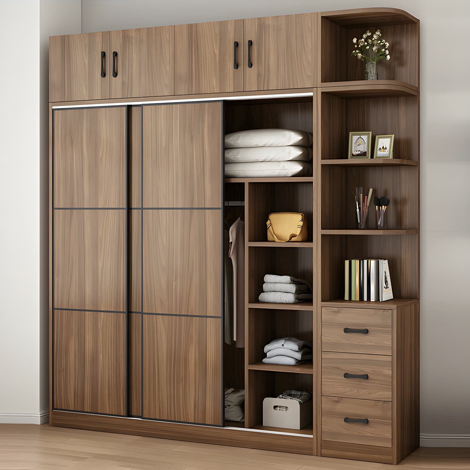 Non-Adjustable Traditional Brown Wood Wardrobe Armoire with Sliding Doors & Soft Close Drawers