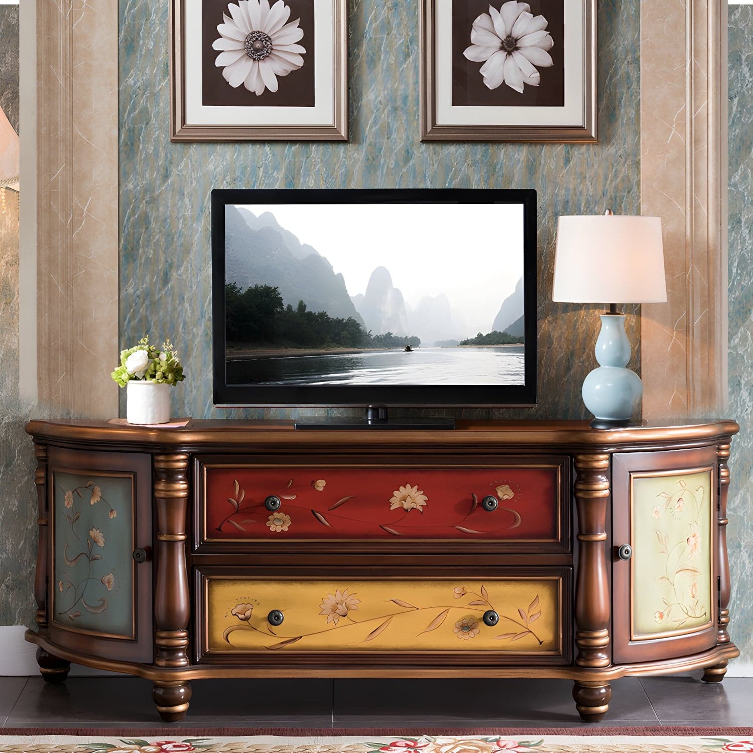 Traditional Birch Wood Media Console Matte Finish TV Media Stand with Drawers thumbnail 2