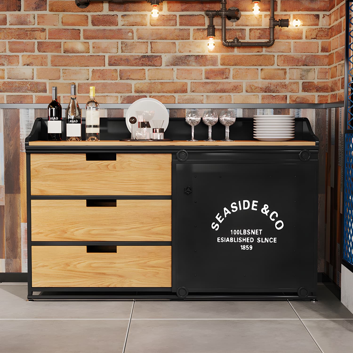 Industrial Metal Sideboard with Drawers, Cabinets, and Open Storage - 3 Drawers, 1 Interior Shelf thumbnail 16