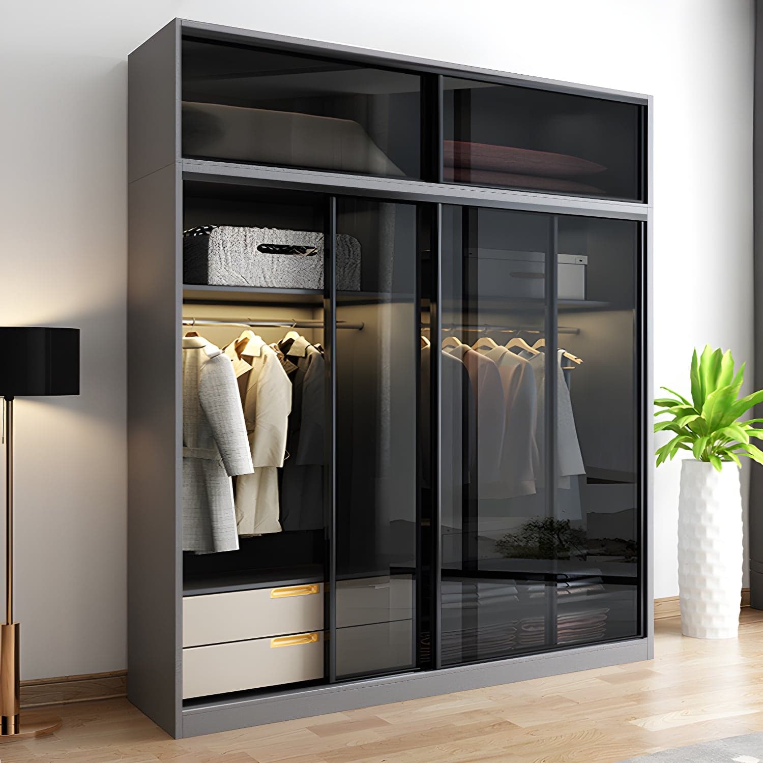 Black Wardrobe Cabinet Contemporary Glass Wardrobe Armoire for Home thumbnail 1