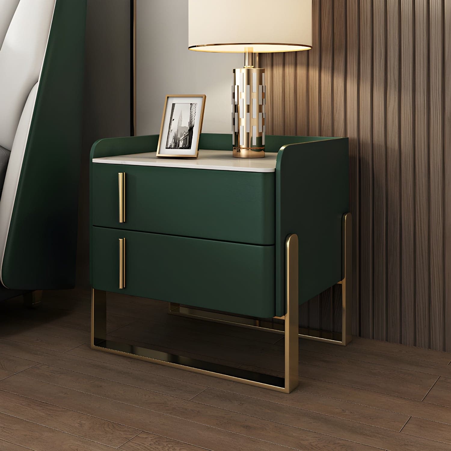 Glam Nightstand with 2 Drawer 20-inch Tall Leather Night Table thumbnail 4