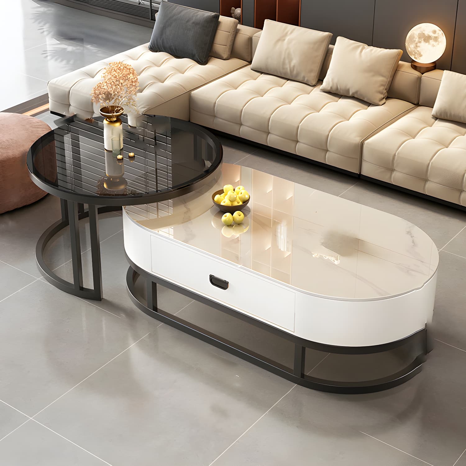 Set of 2 Modern Nesting Stone Coffee Tables with Metal Frame and Drawers thumbnail 2