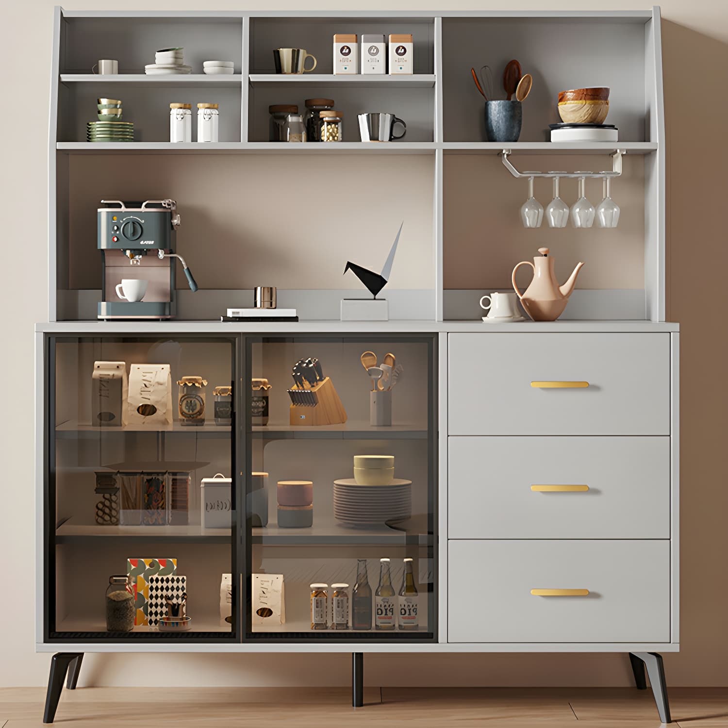 Glass Door Modern Wooden Kitchen Sideboard with Adjustable Shelving thumbnail 3