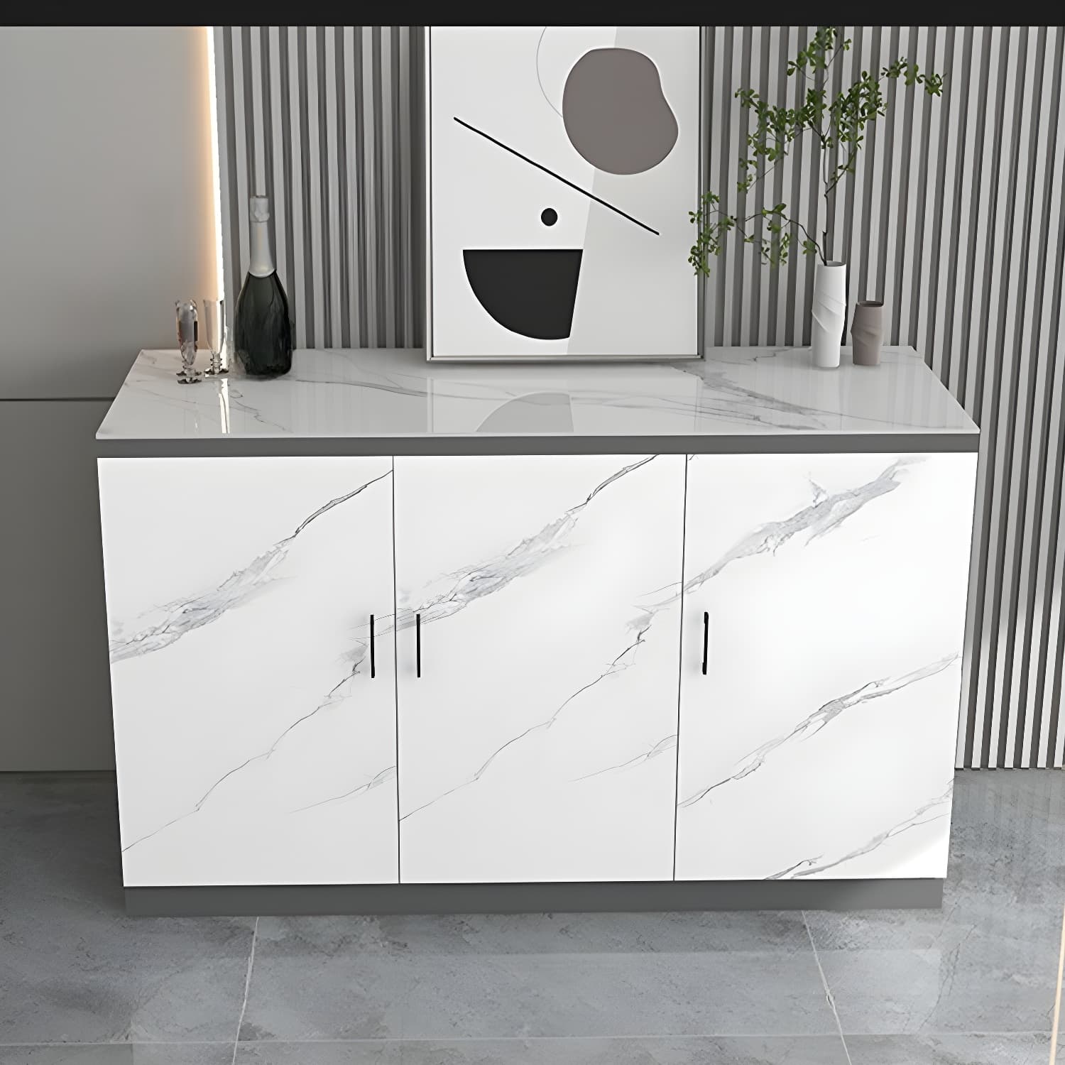 White Modern Wood Server with Stone Countertop and Cabinet Included thumbnail 3