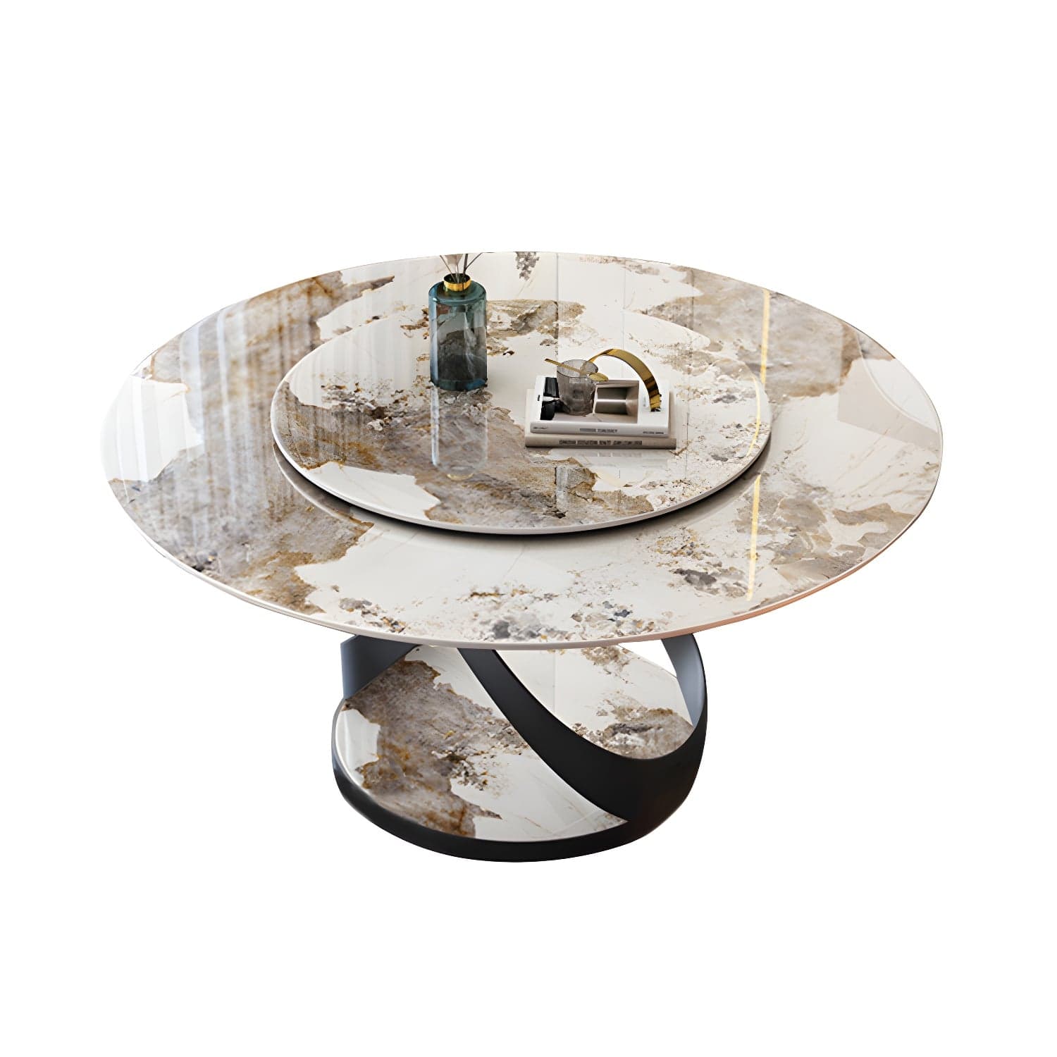 Modern Round Stone Top Lazy Susan Dining Table with Black Steel Pedestal thumbnail 3