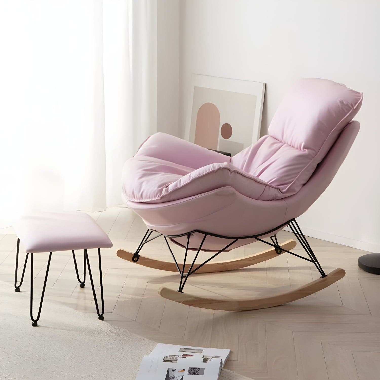 Modern Upholstered Rocking Chair with Ottoman Set - Natural Wood Legs thumbnail 9
