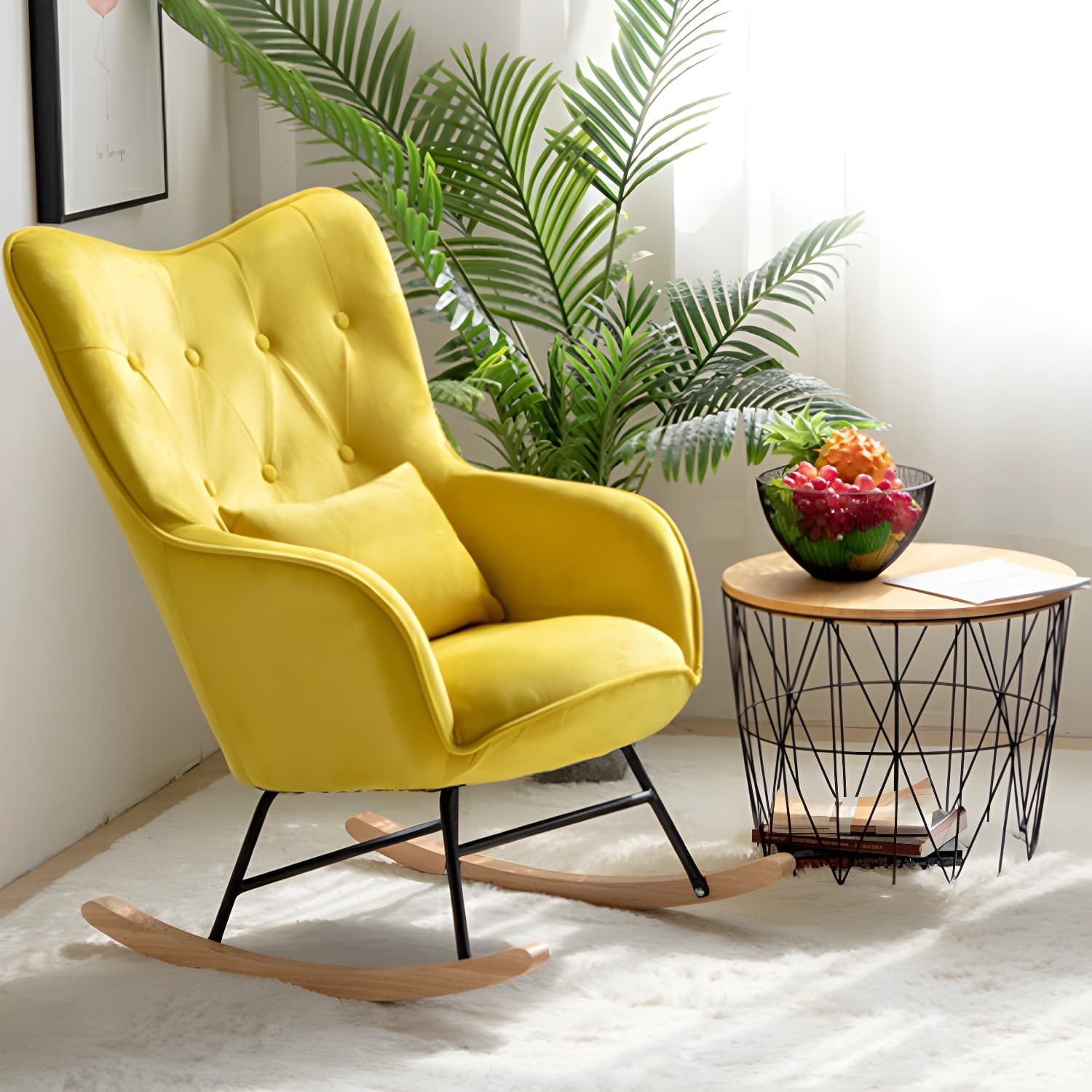 Stylish Modern Upholstered Rocking Chair with Natural Wood Legs and Tufted Back Cushion thumbnail 13