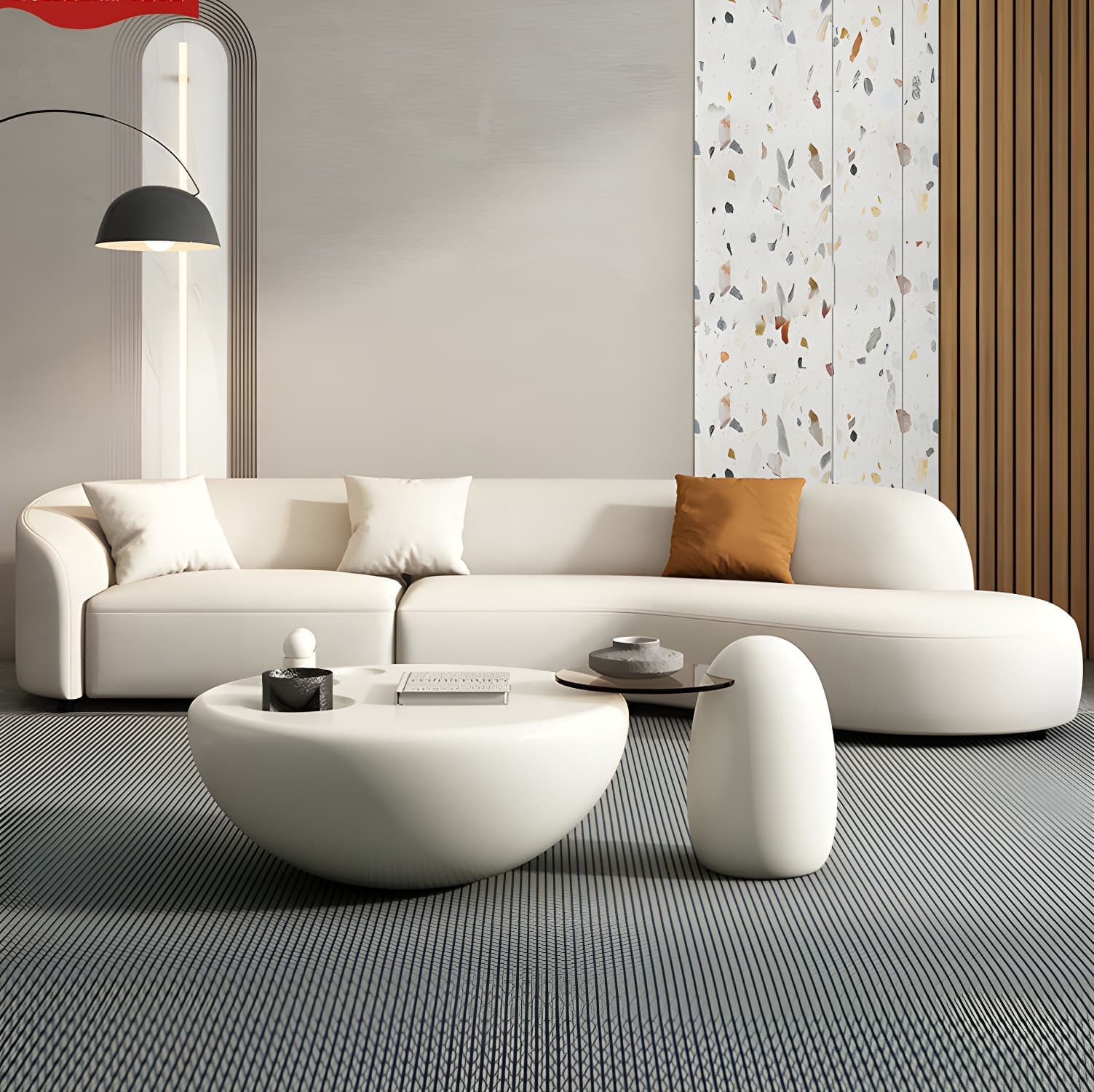 Modern Beige Tech Cloth Stationary Sectional Sofa with Wood Frame and Flared Arms thumbnail 1
