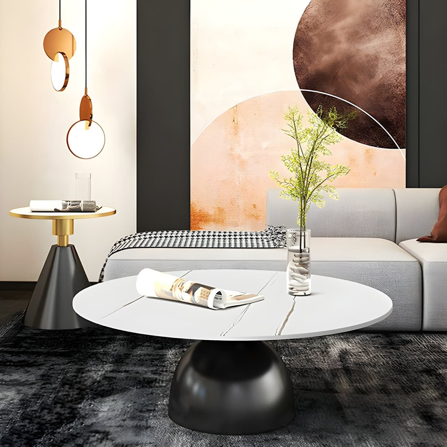 Round Stone Glam Coffee Table with Pedestal Iron Base and Built-in Storage thumbnail 5