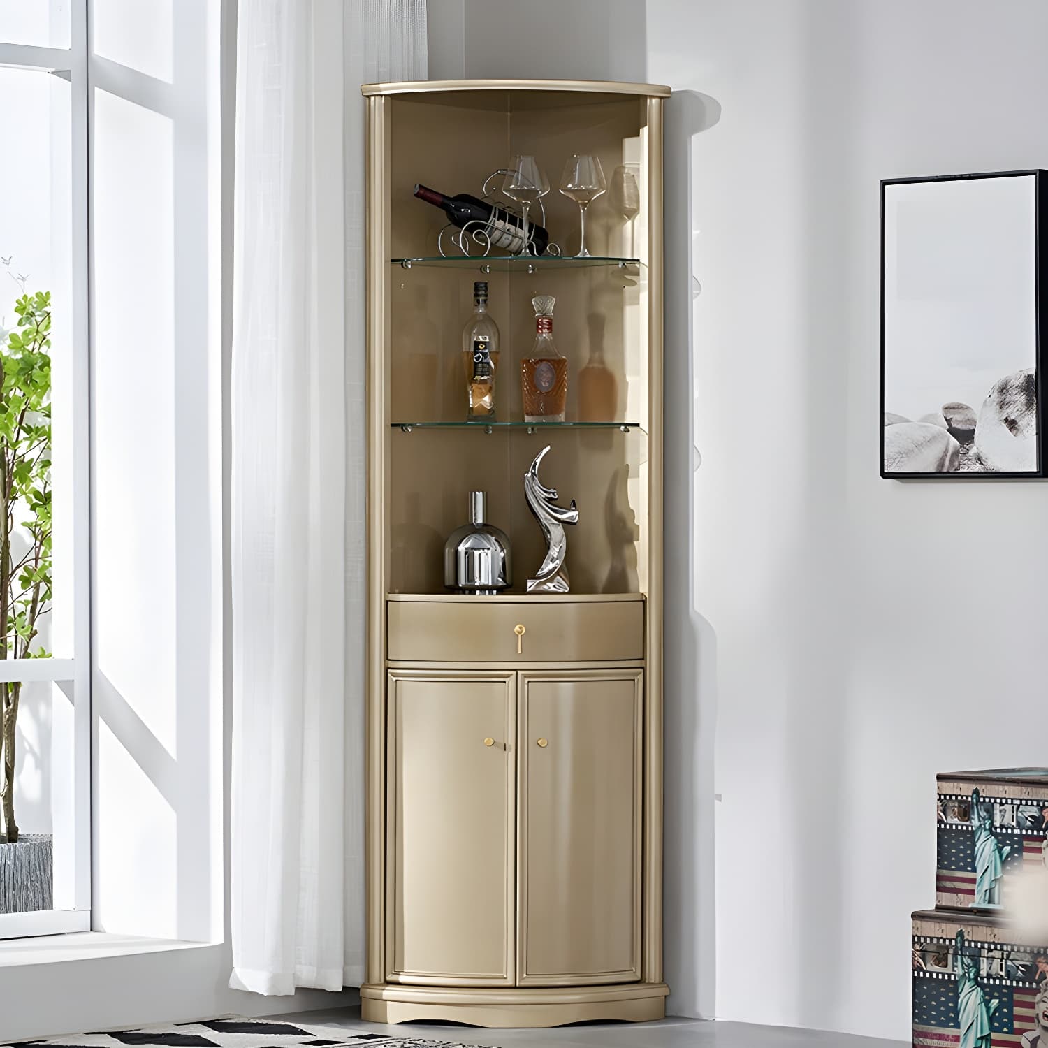 Corner Mid-Century Modern Accent Cabinet with Wood Countertop, Glass Doors, and Drawers Included thumbnail 2