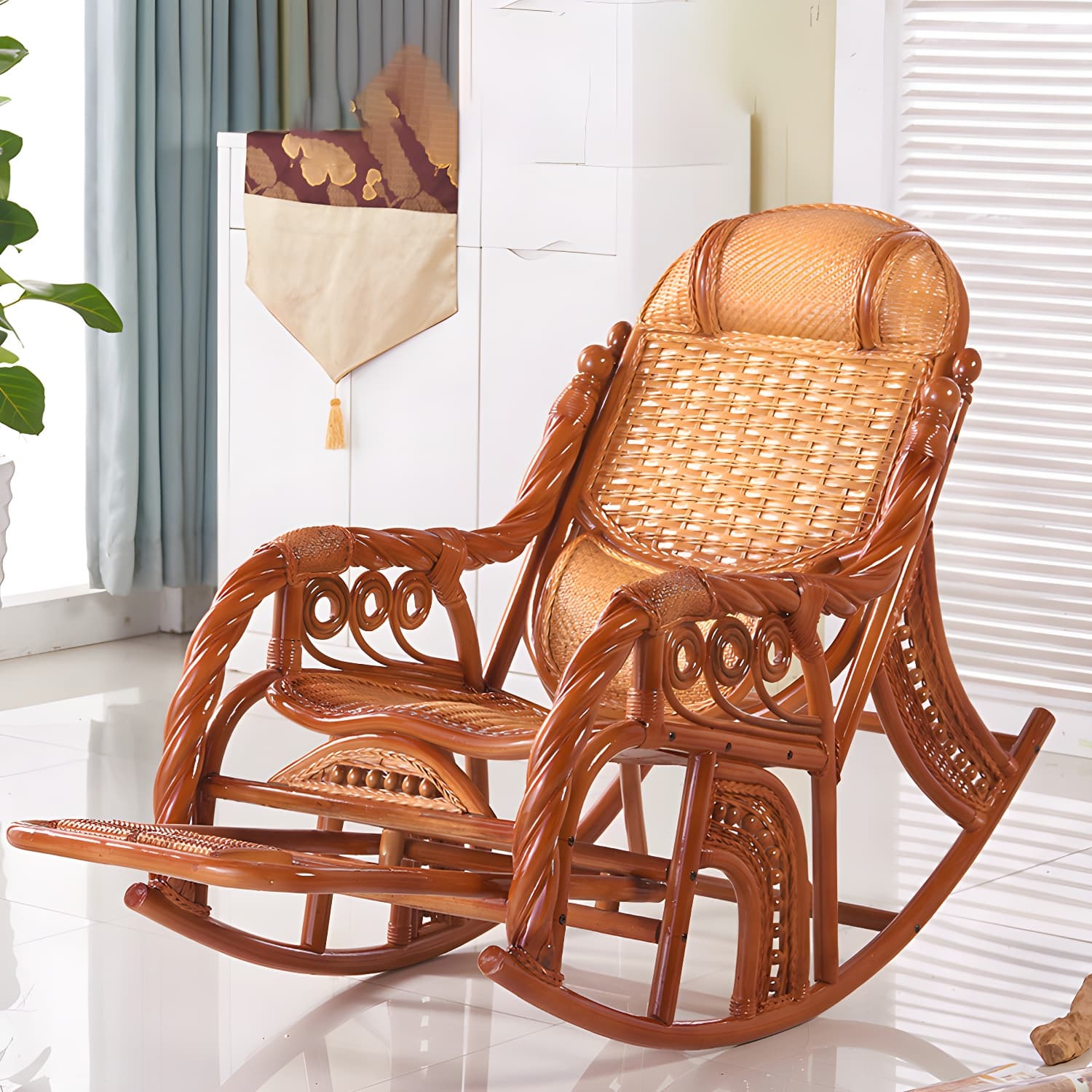 Traditional Spindle Rocking Accent Chair Tobacco Finish Rocker Chair Reclining thumbnail 7